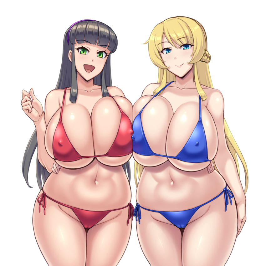 2girls bikini blonde_hair breasts huge_breasts irina_(kawanuma_uotsuri) kawanuma_uotsuri long_hair multiple_girls saionji_natsu swimsuit