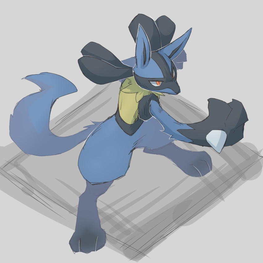 1boy animal_ears animal_feet animal_hands arm_up black_fur blue_fur body_fur creatures_(company) feet full_body furry furry_male game_freak gen_4_pokemon grey_background highres legs_apart lucario male_focus multicolored_fur nintendo pokemon pokemon_(creature) red_eyes sketch snout solo spikes standing sukasshu_(mroooo) tail wolf_boy wolf_ears wolf_tail yellow_fur