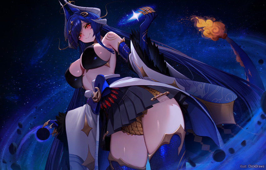 1girl adhesive_bra artist_name black_bra black_hole black_skirt blue_bow blue_gloves blue_thighhighs blush bow bra breasts bright_pupils claws clickdraws detached_sleeves dragon_girl dragon_horns dragon_tail dutch_angle elbow_gloves flame-tipped_tail galaxy gloves gold_trim highres horns indie_virtual_youtuber long_hair pleated_skirt red_eyes skirt smile solo space tail thighhighs underwear vienna_(vtuber) vienna_(vtuber)_(4th_costume) virtual_youtuber white_pupils wide_sleeves