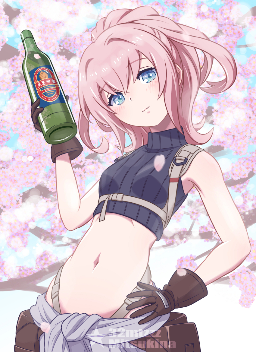 1girl 32zzz artist_name beer_bottle belt blue_eyes bottle cherry_blossoms chest_harness clothes_around_waist crop_top cropped_torso gloves hands_on_own_hips harness head_tilt high_ponytail highres holding holding_bottle maria_(synduality) midriff navel pink_hair ponytail pouch shirt shirt_around_waist sidelocks sleeveless sleeveless_turtleneck synduality synduality_noir turtleneck watermark