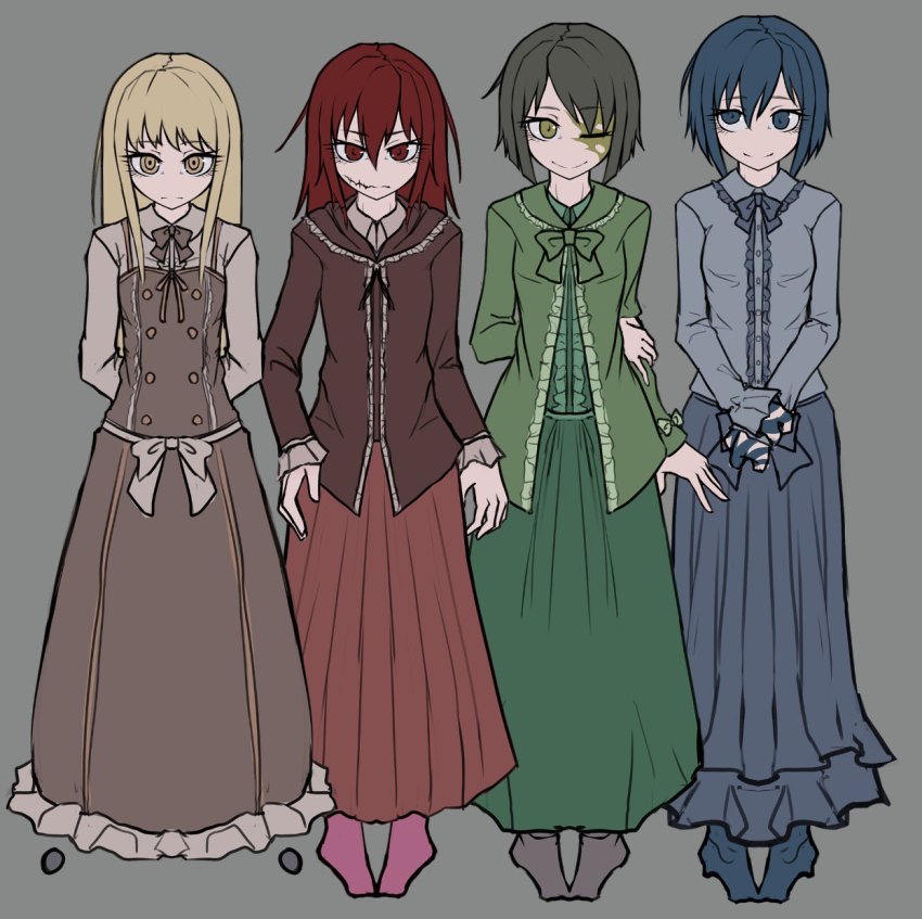 4girls arms_behind_back blonde_hair blue_eyes blue_gloves blue_hair blue_neckwear blue_skirt bow bowtie brown_dress brown_jacket brown_neckwear closed_mouth dress gloves green_eyes green_neckwear grey_background grey_hair highres jacket lazy_eye long_hair long_skirt long_sleeves multiple_girls one_eye_closed original own_hands_together ray-k red_eyes red_hair ringed_eyes scar scar_across_eye scar_on_face short_hair simple_background skirt smile standing strabismus yellow_eyes