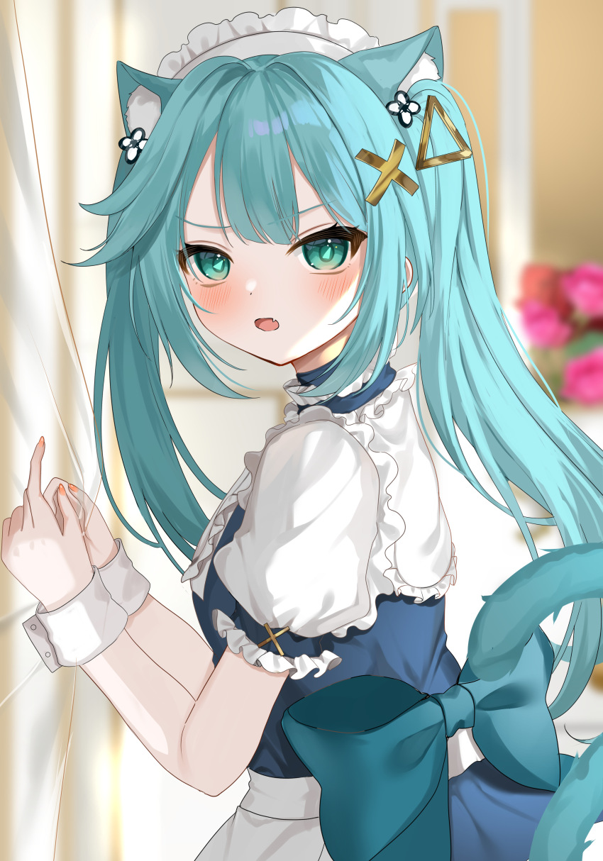 1girl absurdres animal_ear_fluff animal_ears apron aqua_bow aqua_choker aqua_hair aqua_pupils aqua_tail back_bow blue_choker blush bow cat_ears cat_girl cat_tail choker double-parted_bangs extra_ears fang faruzan_(genshin_cafe_in_seoul)_(genshin_impact) faruzan_(genshin_impact) frills genshin_impact green_eyes hair_ornament highres indoors kemonomimi_mode large_bow long_hair looking_at_viewer maid maid_apron maid_headdress official_alternate_costume okome2028 open_mouth own_hands_together puffy_short_sleeves puffy_sleeves short_sleeves skin_fang solo symbol-shaped_pupils tail triangle-shaped_pupils twintails upper_body waist_apron white_apron wrist_cuffs x_hair_ornament