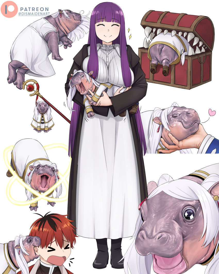 &gt;o&lt; 1boy 1girl absurdres animal artist_name baby_animal black_footwear black_hair blunt_bangs breast_press breasts closed_mouth cosplay dismaiden dress fern_(sousou_no_frieren) frieren frieren_(cosplay) grey_hair heart highres hippopotamus large_breasts long_hair mimic mimic_chest moo_deng multicolored_hair multiple_views patreon_logo patreon_username purple_hair pygmy_hippopotamus real_life red_hair short_hair sidelocks smile sousou_no_frieren staff standing stark_(sousou_no_frieren) straight_hair twintails two-tone_hair very_long_hair white_background white_dress