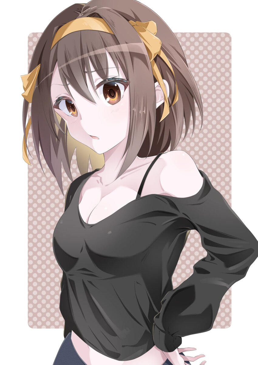 1girl black_shirt bra bra_peek breasts brown_hair cleavage collarbone commentary_request hairband hand_on_own_hip highres long_sleeves looking_at_viewer medium_breasts miree_030 off_shoulder orange_hairband parted_lips shirt single_bare_shoulder solo suzumiya_haruhi suzumiya_haruhi_no_yuuutsu underwear