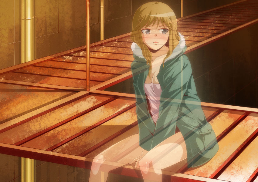 1girl 52ikaros absurdres between_legs blue_eyes breasts bridge brown_hair cleavage feet_out_of_frame funahara_yuki ghost green_jacket hand_between_legs highres hood hood_down hooded_jacket indoors jacket long_hair medium_breasts open_mouth industrial_pipe psycho-pass sitting solo transparent