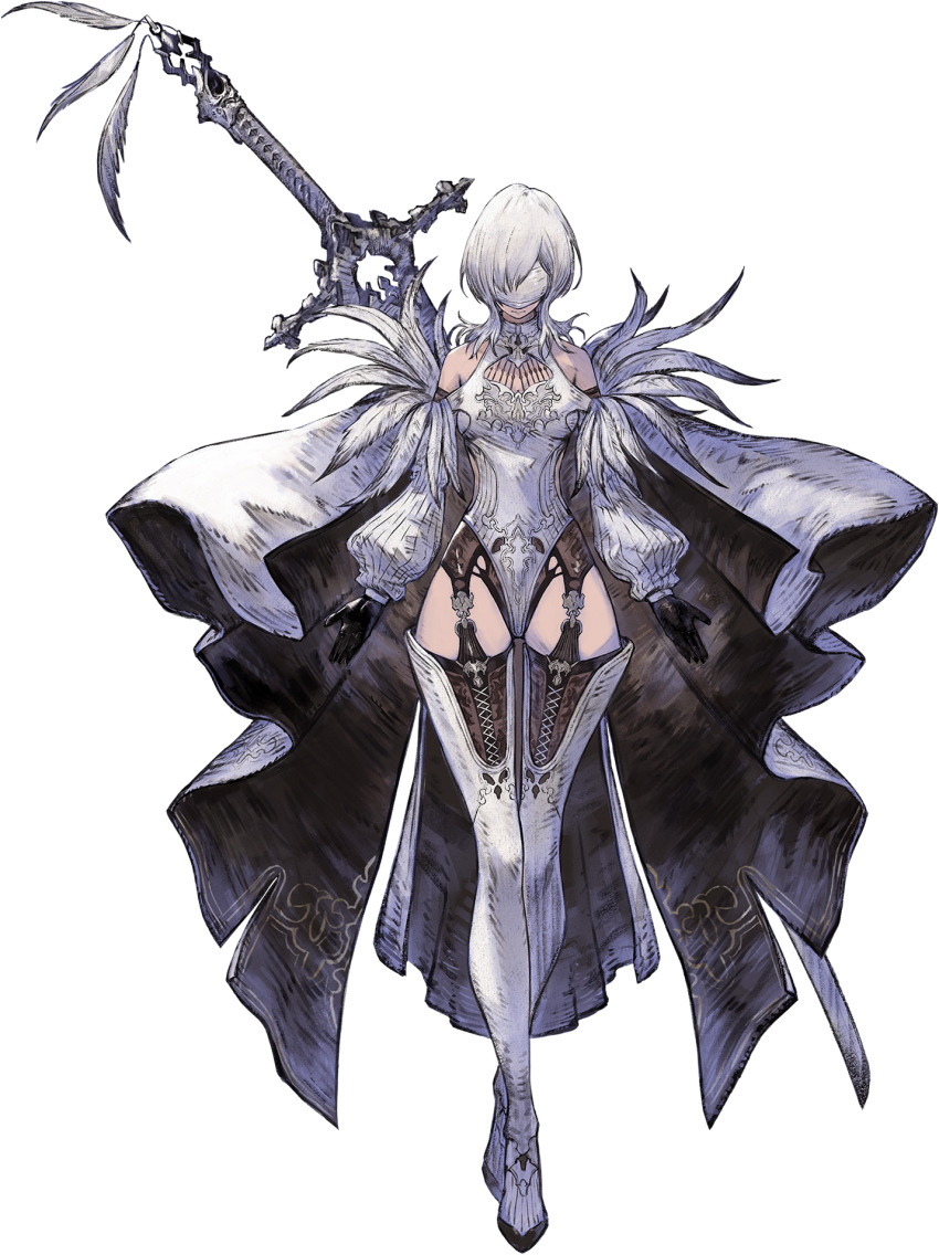 10h_(nier_reincarnation) 1girl black_garter_straps black_gloves black_thighhighs blindfold boots breasts cape closed_mouth clothing_cutout crossed_legs facing_viewer feather-trimmed_sleeves full_body garter_straps gloves high_heel_boots high_heels highres leotard long_sleeves medium_breasts medium_hair nier_(series) nier_reincarnation official_alternate_costume official_art puffy_long_sleeves puffy_sleeves shoulder_cutout simple_background solo standing straight-on sword sword_behind_back tachi-e thigh_boots thighhighs thighhighs_under_boots third-party_source transparent_background two-sided_cape two-sided_fabric watson_cross weapon white_blindfold white_cape white_footwear white_hair white_leotard wolf_cut