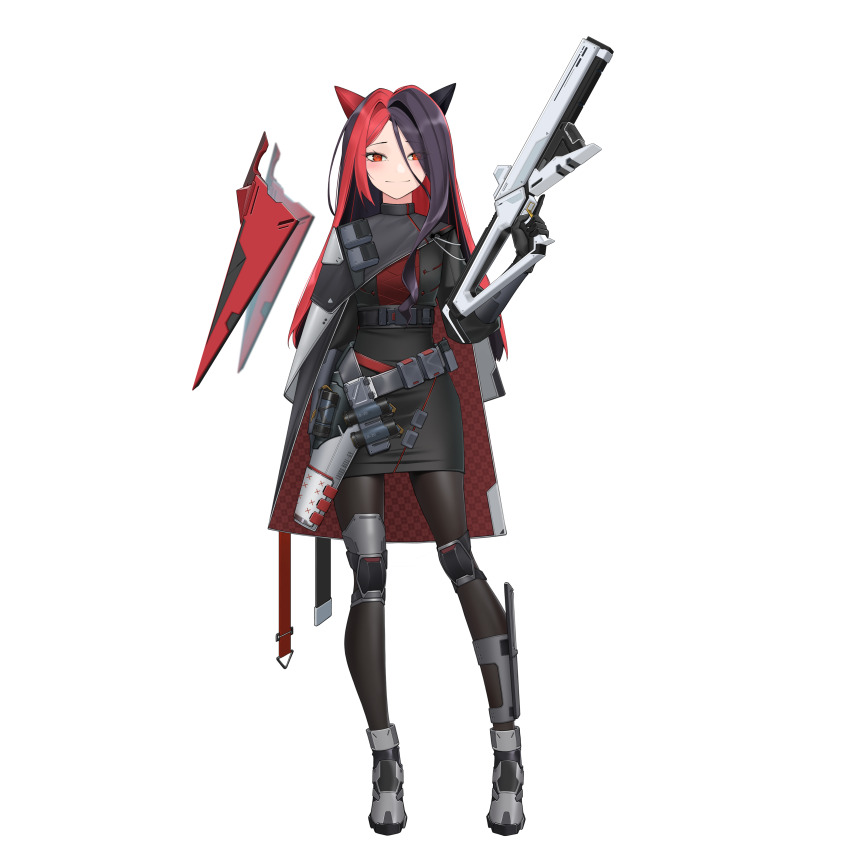 1girl absurdres animal_ears belt black_hair breasts cat_ears cat_girl chrono_ark cloak commission commissioner_upload full_body gloves gun highres holding holding_gun holding_weapon kitty_(wayanfa) knee_pads knife knife_sheath light_smile looking_at_viewer medium_breasts multicolored_hair non-web_source original pantyhose red_hair rhan sheath shoes skirt sneakers transparent_background two-tone_hair weapon yellow_eyes