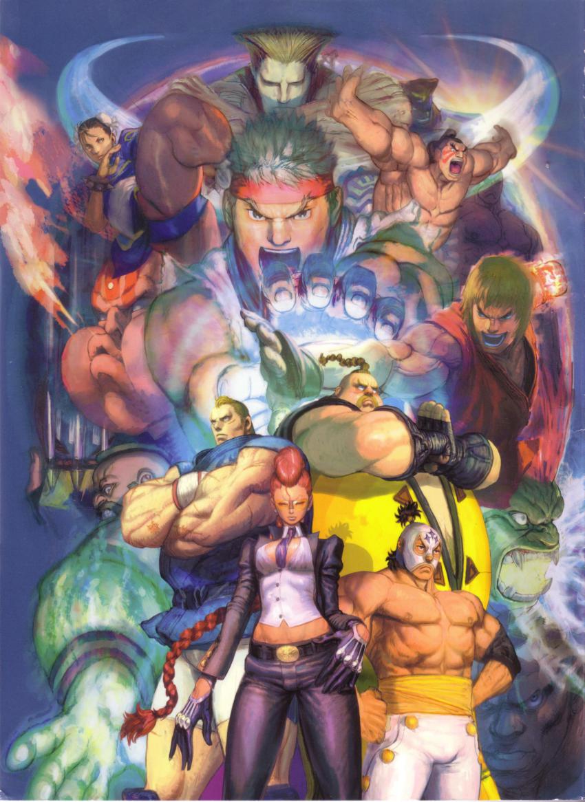 2girls 6+boys abel_(street_fighter) abs absurdres balrog_(street_fighter) black_hair blanka braid brown_hair capcom chun-li colored_skin crimson_viper crossed_arms dhalsim el_fuerte fire gloves green_skin guile headband highres ikeno_daigo ken_masters long_hair luchador luchador_mask m._bison mexico multiple_boys multiple_girls muscular necktie official_art pantyhose pompadour red_hair rufus_(street_fighter) ryu_(street_fighter) sagat serious standing street_fighter sunglasses vega_(street_fighter) vest wrestler zangief