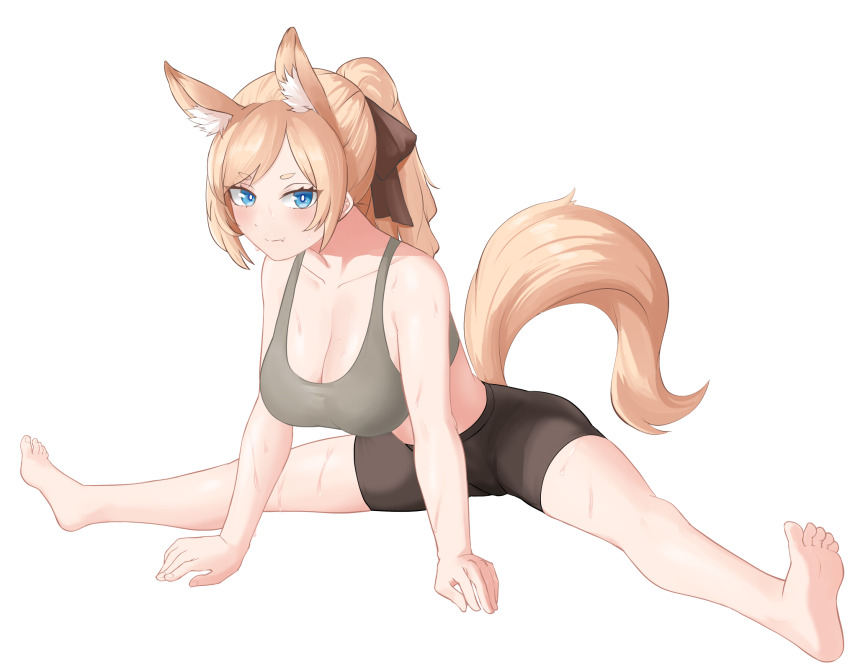 1girl animal_ear_fluff animal_ears arknights bare_shoulders barefoot black_shorts blonde_hair blue_eyes blush bow breasts bright_pupils brown_bow chinese_commentary cleavage closed_mouth collarbone commentary_request fang feet full_body grey_sports_bra hair_bow highres large_breasts looking_at_viewer medium_hair neti_(cpu11151) ponytail shorts simple_background skin_fang smile soles solo split_mouth sports_bra stretching sweat tail toes whislash_(arknights) white_background white_pupils yellow_tail