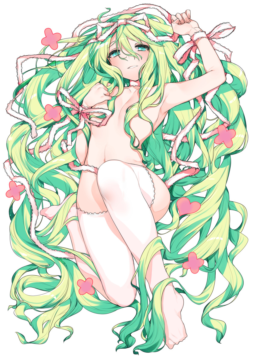 1girl absurdres censored censored_nipples convenient_censoring flat_chest frilled_ribbon frills full_body green_eyes green_hair hair_censor heart highres long_hair looking_at_viewer lying navel on_back petals rance_(series) ribbon shikosour simple_background smile solo thighhighs very_long_hair wavy_hair wenlina white_background white_thighhighs