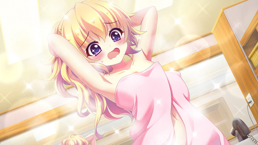 1girl armpits arms_behind_head arms_up blonde_hair blush breasts cable ceiling_light collarbone dot_nose dutch_angle electrical_outlet film_grain game_cg hair_dryer hasegawa_mii imminent_wardrobe_malfunction indoors izumi_tsubasu lens_flare long_hair mirror naked_towel navel non-web_source official_art open_mouth purple_eyes re:stage! reflection small_breasts solo sparkle sparkling_eyes steam towel tying_hair wavy_mouth wicker_basket