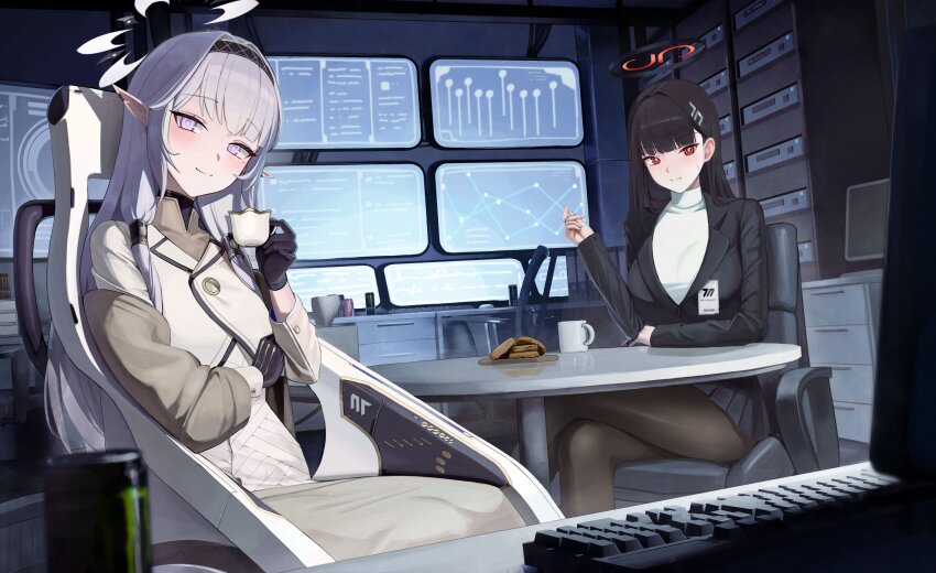 2girls absurdres black_coat black_hair black_hairband black_halo blue_archive closed_mouth coat commentary computer_keyboard cup drawer grey_hair hairband hallo_(rltkdydrltk) halo highres himari_(blue_archive) holding holding_cup id_card long_hair long_sleeves looking_at_viewer monitor multiple_girls pointy_ears red_eyes rio_(blue_archive) sitting smile sweater wheelchair white_sweater