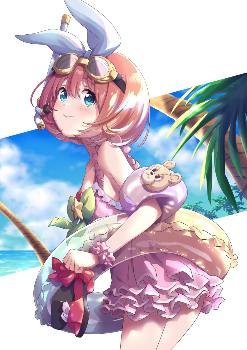 1girl absurdres brown_hair closed_mouth frills goggles goggles_on_head green_eyes hair_between_eyes hairband highres kurumi_(princess_connect!) one-piece_swimsuit pink_one-piece_swimsuit princess_connect! scrunchie snorkel solo swim_ring swimsuit tsukachii wrist_scrunchie