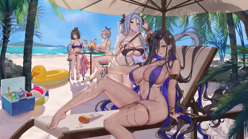 4girls adjusting_hair applying_sunscreen armlet armpits ball beach beach_chair beach_umbrella beachball bikini black_bikini blue_bikini blue_eyes blue_ribbon bracelet breasts brown_dust_2 can cocktail_glass cooler cup drink_can drinking_glass drinking_straw duck_innertube eclipse_(brown_dust_2) eyewear_on_head food full_body groin hair_between_eyes hair_ornament hair_over_one_eye hair_ribbon hand_fan highres holding holding_fan holding_spoon huge_breasts ice ice_cream ice_cream_cup ice_cube jewelry large_breasts light_blush lips long_hair looking_at_viewer lotion morphea_(brown_dust) mountainous_horizon multiple_girls navel necklace ocean official_art official_wallpaper palm_tree purple_slingshot_swimsuit red_eyes ribbon scheherazade_(brown_dust) scheherazade_(pool_party)_(brown_dust) second-party_source shadow simple_background sitting skindentation slingshot_swimsuit soda_can spoon sunglasses sunscreen swimsuit teresse_(brown_dust) tree twintails umbrella underboob very_long_hair white_sand