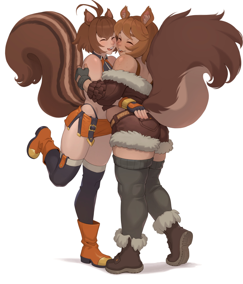 2girls ^_^ ahoge animal_ears ass black_gloves black_thighhighs blazblue blush boots brown_footwear brown_hair brown_jacket brown_shorts cheshirrr closed_eyes commentary crossover denim denim_shorts english_commentary fingerless_gloves freckles full_body gloves grabbing_another&#039;s_ass groping highres hug jacket makoto_nanaya marvel marvel_rivals multiple_girls orange_footwear orange_shorts revealing_clothes shoes short_hair short_shorts shorts shoulder_freckles simple_background skirt smile squirrel_ears squirrel_girl squirrel_girl_(marvel) squirrel_tail standing standing_on_one_leg tail thighhighs trait_connection white_background