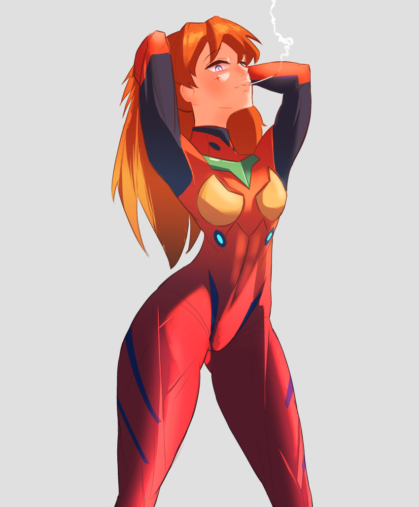 1girl absurdres arms_behind_head arms_up blue_eyes bodysuit breasts brown_hair curvy hands_in_hair highres interface_headset long_hair looking_at_viewer mecha_pilot_suit medium_breasts miltaire94 neon_genesis_evangelion parted_lips plugsuit red_bodysuit skin_tight smoking souryuu_asuka_langley two_side_up wide_hips