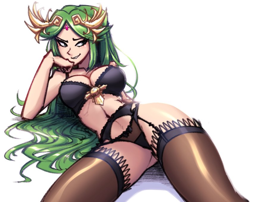 1girl black_bra black_panties bra breasts brown_thighhighs cowboy_shot gingrjoke green_hair highres kid_icarus large_breasts long_hair navel nintendo palutena panties parted_lips simple_background smile solo thighhighs underwear underwear_only white_background