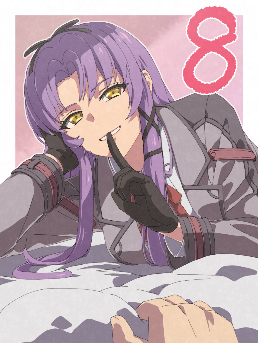 1girl 1other black_gloves black_ribbon border chiharu_(9654784) commentary_request countdown curtained_hair eiyuu_densetsu gloves hair_ribbon highres kai_no_kiseki kuro_no_kiseki_(series) long_hair looking_at_viewer lying on_bed on_side outside_border pov pov_hands purple_hair red_background renne_(eiyuu_densetsu) ribbon smile white_border yellow_eyes