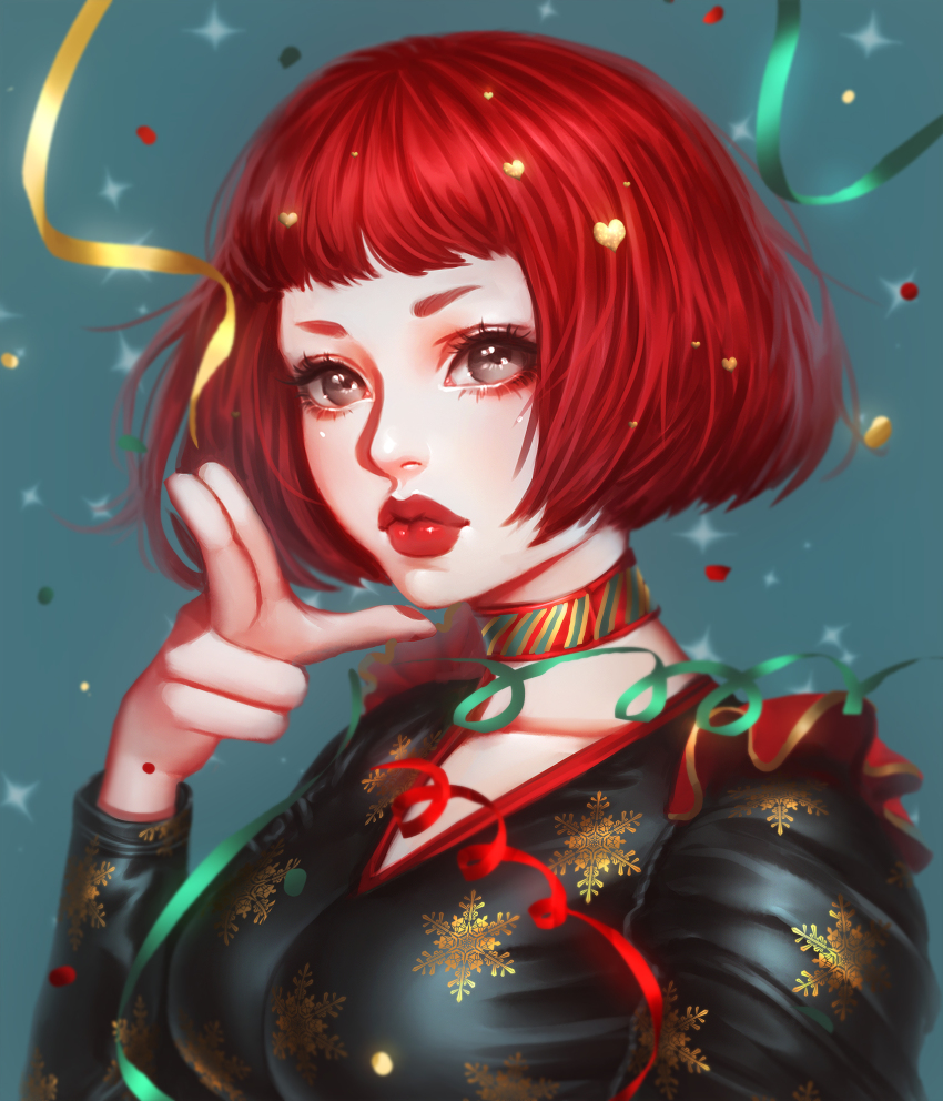 1girl black_eyes bob_cut breasts choker christmas closed_mouth commentary_request female_focus finger_gun green_ribbon heart highres looking_at_viewer medium_breasts original portrait red_hair red_lips red_ribbon rena_illusion ribbon solo striped_choker yellow_ribbon