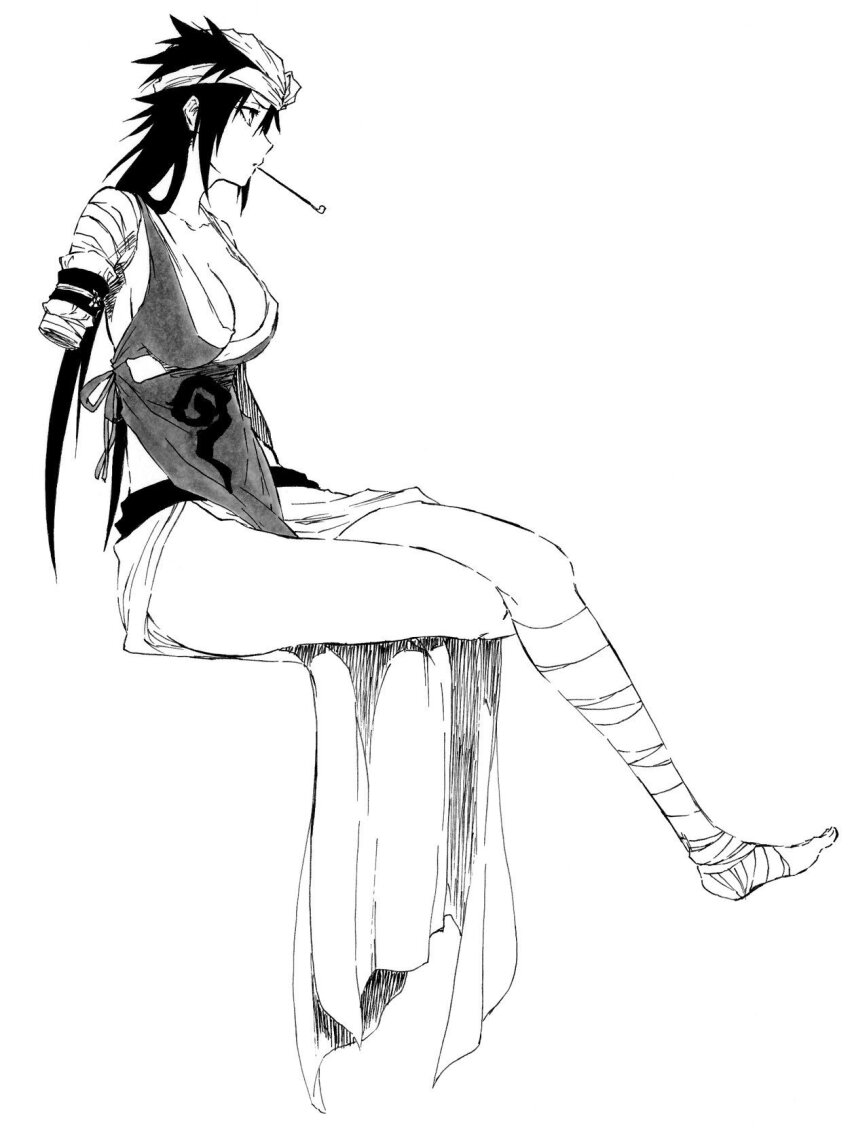 1girl amputee bandaged_arm bandaged_leg bandages black_hair bleach breasts cleavage closed_mouth collarbone commentary_request from_side full_body headband highres japanese_clothes ken&#039;ichi_(ken1ro_u) large_breasts long_hair looking_afar monochrome no_shoes profile shiba_kuukaku simple_background sitting sketch smoking_pipe solo spiked_hair v-shaped_eyebrows very_long_hair white_background white_headband