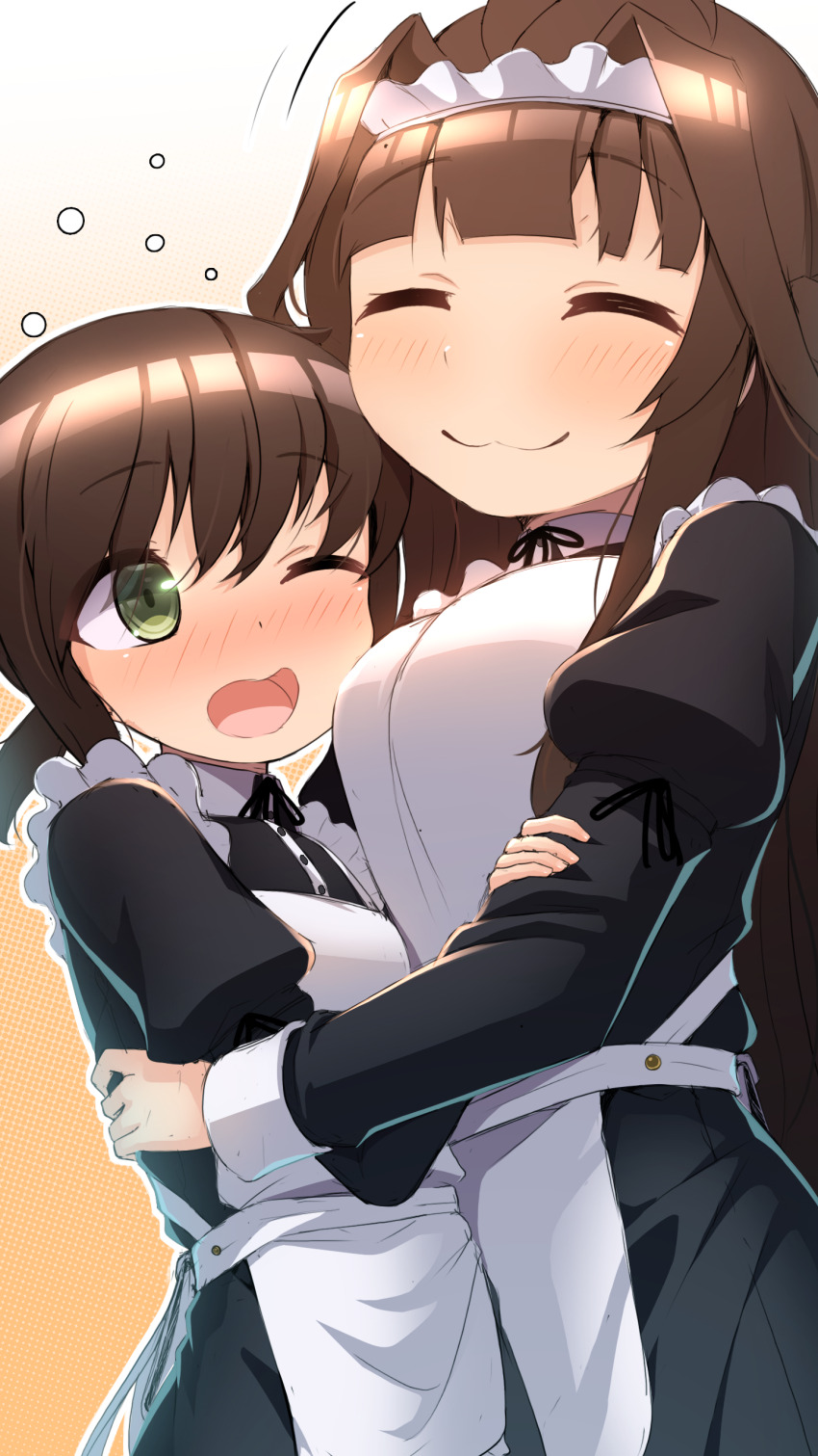 2girls absurdres alternate_costume apron black_dress breasts brown_hair closed_eyes closed_mouth dress enmaided frilled_apron frills fubuki_(kancolle) green_eyes highres juliet_sleeves kantai_collection kongou_(kancolle) large_breasts long_hair long_sleeves low_ponytail maid maid_apron maid_headdress multiple_girls narashika_asuka one_eye_closed open_mouth ponytail puffy_sleeves short_hair short_ponytail sidelocks small_breasts smile very_long_hair white_apron