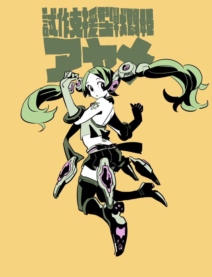 1girl arm_tattoo assista_prototype boots commentary_request floating_hair full_body green_hair halterneck highres looking_back monster_strike orange_background sidelocks skirt sleeveless solo takeuchi_ryousuke tattoo thigh_boots twintails yellow_background