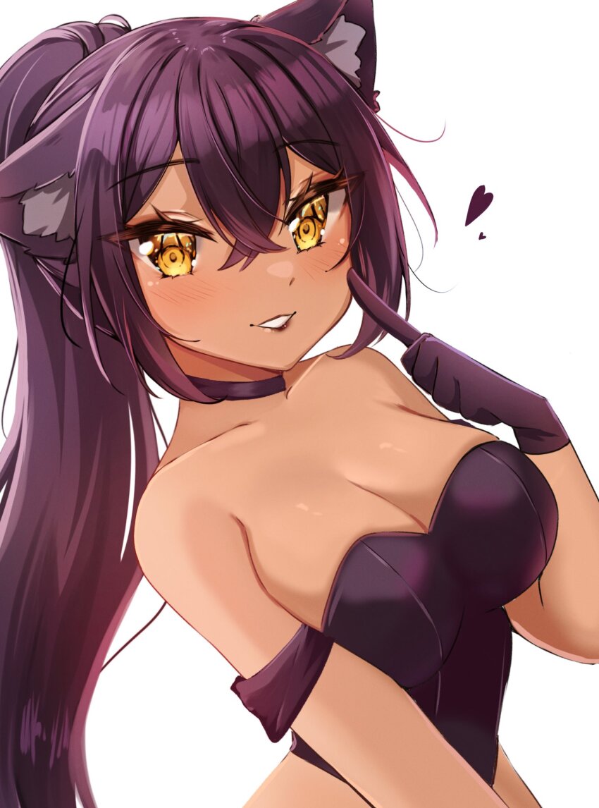 1girl animal_ear_fluff animal_ears breasts cat_ears cat_girl choker cleavage dark-skinned_female dark_skin gloves hair_between_eyes heart highres indie_virtual_youtuber lady_nikolette large_breasts leotard long_hair looking_at_viewer playboy_bunny purple_armband purple_choker purple_gloves purple_hair purple_leotard simple_background solo sulkycats upper_body very_long_hair virtual_youtuber white_background yellow_eyes