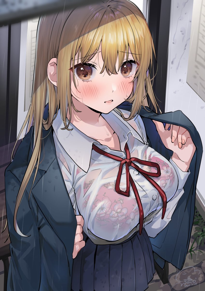 1girl absurdres blonde_hair blue_skirt blush bra_visible_through_clothes bralines breasts brown_eyes floral_print geshumaro hair_between_eyes highres jacket jacket_on_shoulders large_breasts long_hair long_sleeves neck_ribbon open_mouth original pleated_skirt rain red_ribbon ribbon school_uniform see-through_clothes shirt skirt solo wet wet_clothes wet_shirt white_shirt