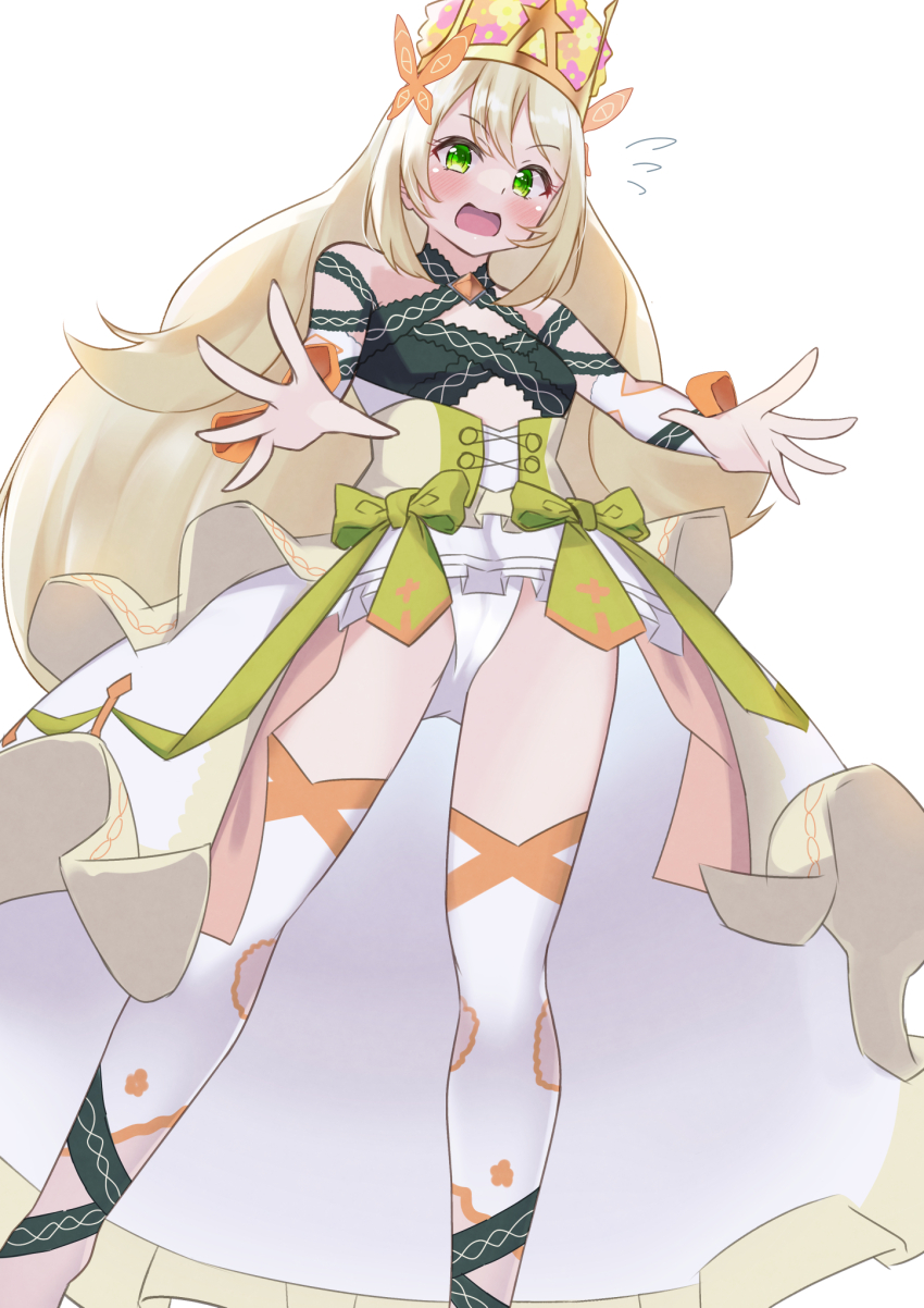 1girl bare_shoulders blonde_hair blush bow breasts butterfly_hair_ornament celine_(fire_emblem) crown detached_sleeves dress embarrassed fire_emblem fire_emblem_engage flower green_bow green_eyes hair_flower hair_ornament highres long_hair looking_at_viewer nintendo open_mouth orange_bow outstretched_hand panties rital small_breasts solo underwear upskirt very_long_hair white_panties wrist_bow