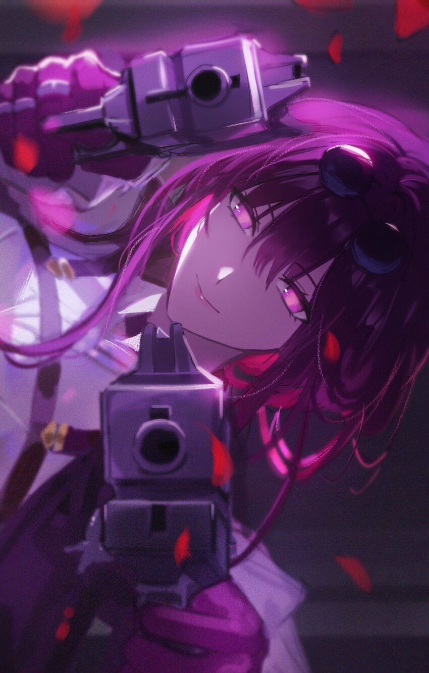 1girl aiming aiming_at_viewer closed_mouth dual_wielding eyelashes eyewear_on_head fractalmagnolia glasses gloves gun hair_between_eyes handgun hands_up highres holding holding_gun holding_weapon honkai:_star_rail honkai_(series) jewelry kafka_(honkai:_star_rail) long_hair looking_at_viewer petals purple_eyes purple_gloves purple_hair ring rose_petals round_eyewear shirt sidelocks smile solo sunglasses upper_body weapon white_shirt