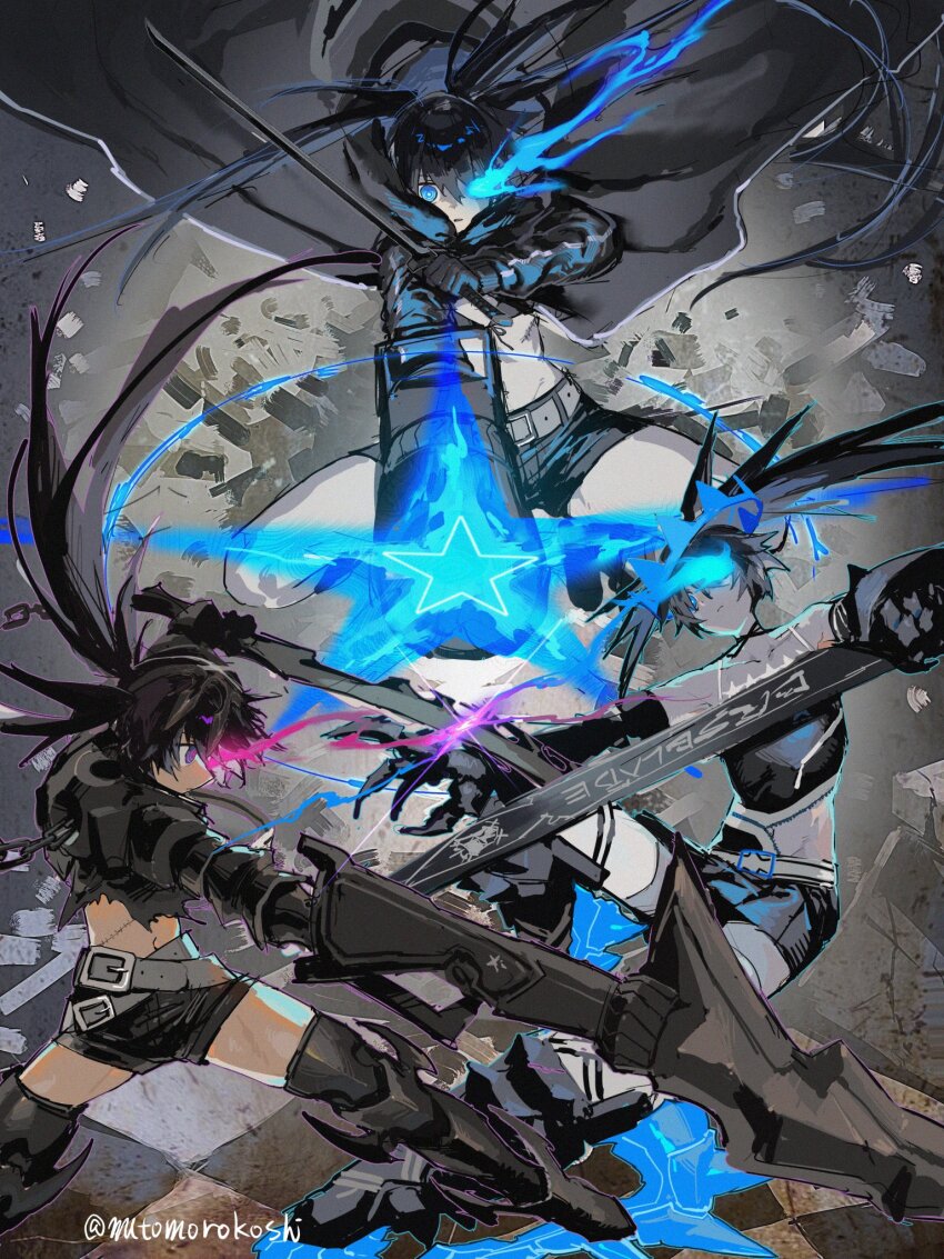 3girls arm_cannon armor armored_gloves belt belt_skirt black_coat black_gloves black_hair black_rock_shooter black_rock_shooter_(character) black_rock_shooter_beast black_shorts blue_crown blue_eyes blue_fire chain coat crown fire flaming_eye floating_crown gauntlets gloves glowing glowing_eye greaves highres huge_weapon insane_black_rock_shooter loose_belt multiple_girls mutomorokoshi pale_skin purple_eyes purple_fire rock_cannon scar shorts skeletal_hand star_(symbol) stitched_chest stitches sword twintails uneven_twintails weapon