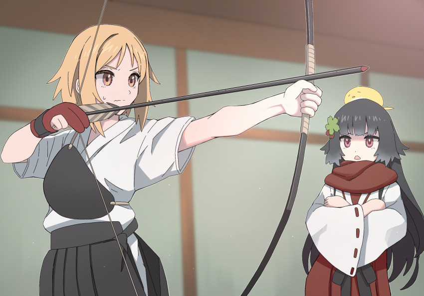 2girls archery arrow_(projectile) black_hair black_hakama blonde_hair bow_(weapon) brown_eyes closed_mouth commission crossed_arms girls&#039;_frontline gloves hakama hakama_skirt highres holding holding_bow_(weapon) holding_weapon japanese_clothes kyuudou miko mp40_(girls&#039;_frontline) multiple_girls muneate non-web_source official_alternate_costume partially_fingerless_gloves partly_fingerless_gloves pixiv_commission red_eyes red_scarf scarf short_hair single_glove skirt tab_(tabkun) tasuki triangle_mouth type_100_(girls&#039;_frontline) type_100_(gunslinger_miko)_(girls&#039;_frontline) weapon yugake yumi_(bow)