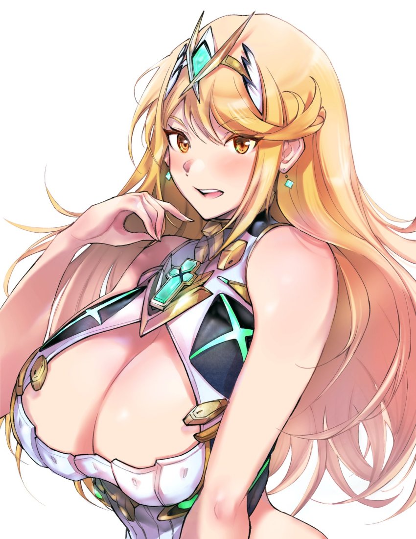 1girl adapted_costume bare_shoulders blonde_hair blush breasts chest_jewel cleavage cleavage_cutout clothing_cutout dress earrings headpiece highres huge_breasts jewelry long_hair mythra_(xenoblade) swept_bangs tiara ug333333 upper_body very_long_hair white_dress xenoblade_chronicles_(series) xenoblade_chronicles_2 yellow_eyes