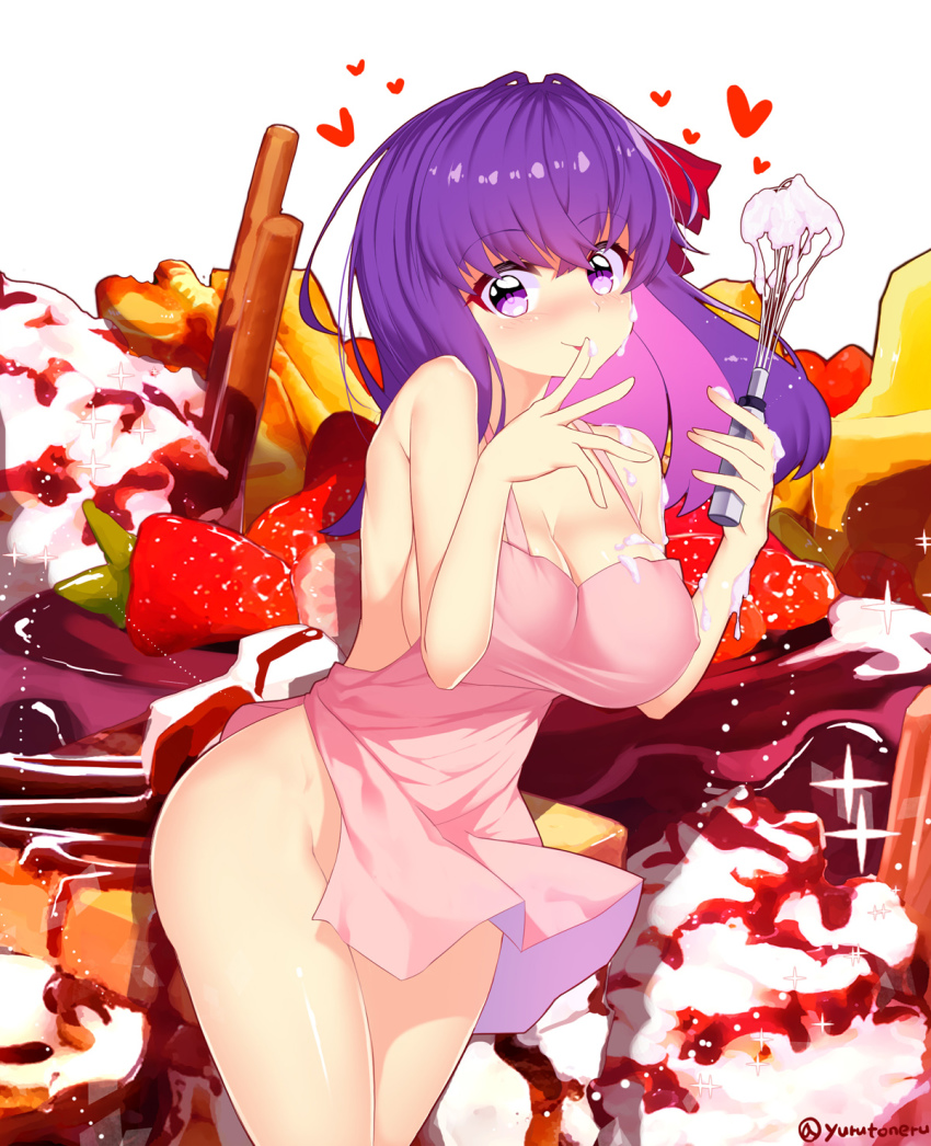 1girl apron bad_id bad_pixiv_id blush breasts cherry chocolate commentary_request cream cream_on_face fate_(series) licking_finger food food_background food_on_body food_on_face fruit hair_ribbon highres large_breasts licking long_hair looking_at_viewer matou_sakura naked_apron nose_blush pink_apron purple_eyes purple_hair red_ribbon ribbon sideboob solo strawberry tongue tongue_out twitter_username valentine yuruto