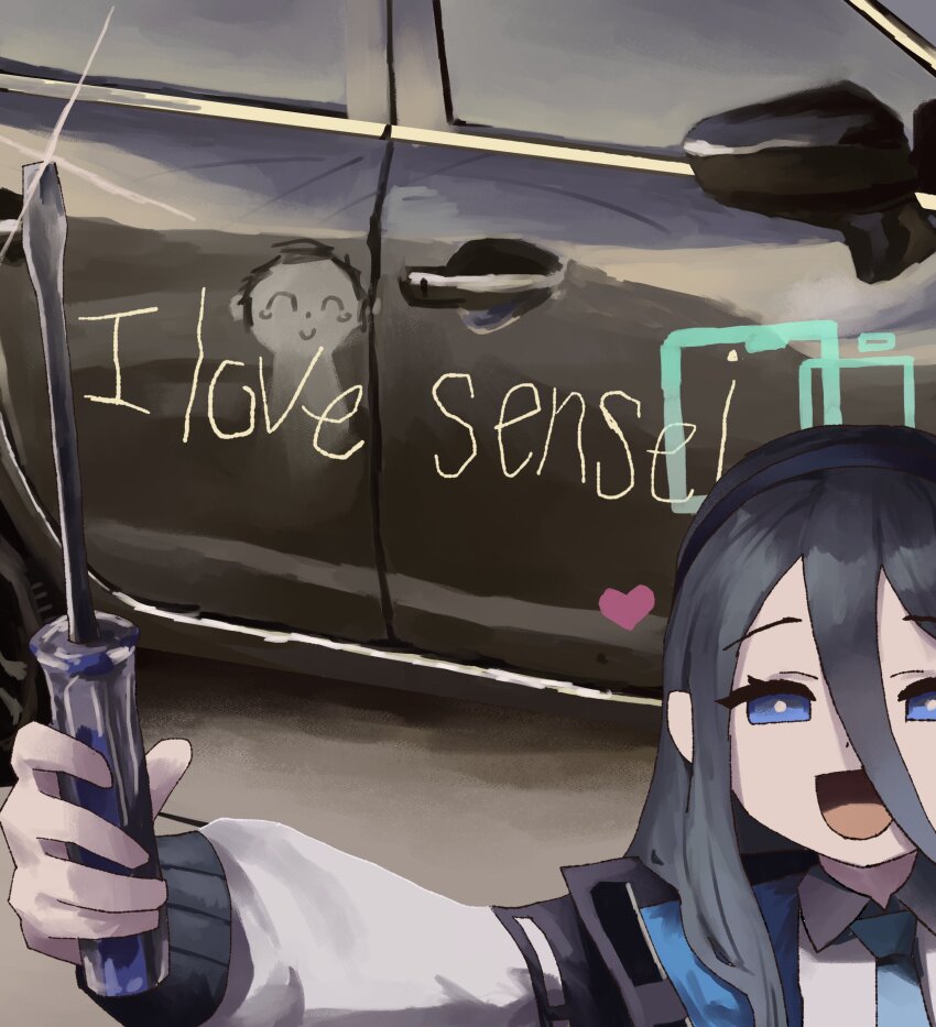 1boy 1girl :d absurdres aris_(blue_archive) black_hair blue_archive blue_eyes blue_halo blue_necktie car damaged doodle_sensei_(blue_archive) hairband halo heart highres jacket looking_at_viewer meme motor_vehicle necktie open_mouth school_uniform screwdriver sensei_(blue_archive) smile vandalized white_jacket zheng_kai_xin