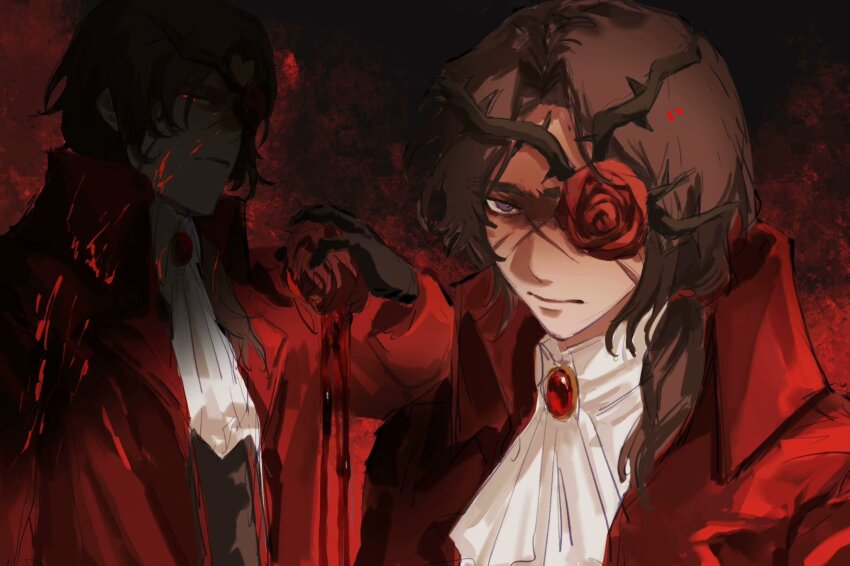 1boy ascot blood blood_on_clothes blood_on_face brown_hair closed_mouth coat collared_coat collared_shirt e.g.o_(project_moon) eyepatch flower glowing glowing_eyes heathcliff_(project_moon) highres holding holding_flower limbus_company ling_zhiyun long_hair low_ponytail multiple_views project_moon purple_eyes red_coat red_eyes red_flower red_rose rose shaded_face shirt white_ascot white_shirt yearning-mircalla_(e.g.o)