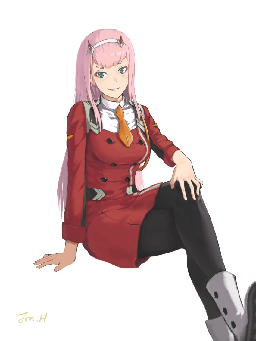 10s 1girl absurdres black_pantyhose blue_eyes boots breasts buttons crossed_legs darling_in_the_franxx double-breasted female_focus grin highres horns jonathan_h long_hair looking_at_viewer medium_breasts pantyhose pink_hair simple_background sitting skirt smile solo white_background