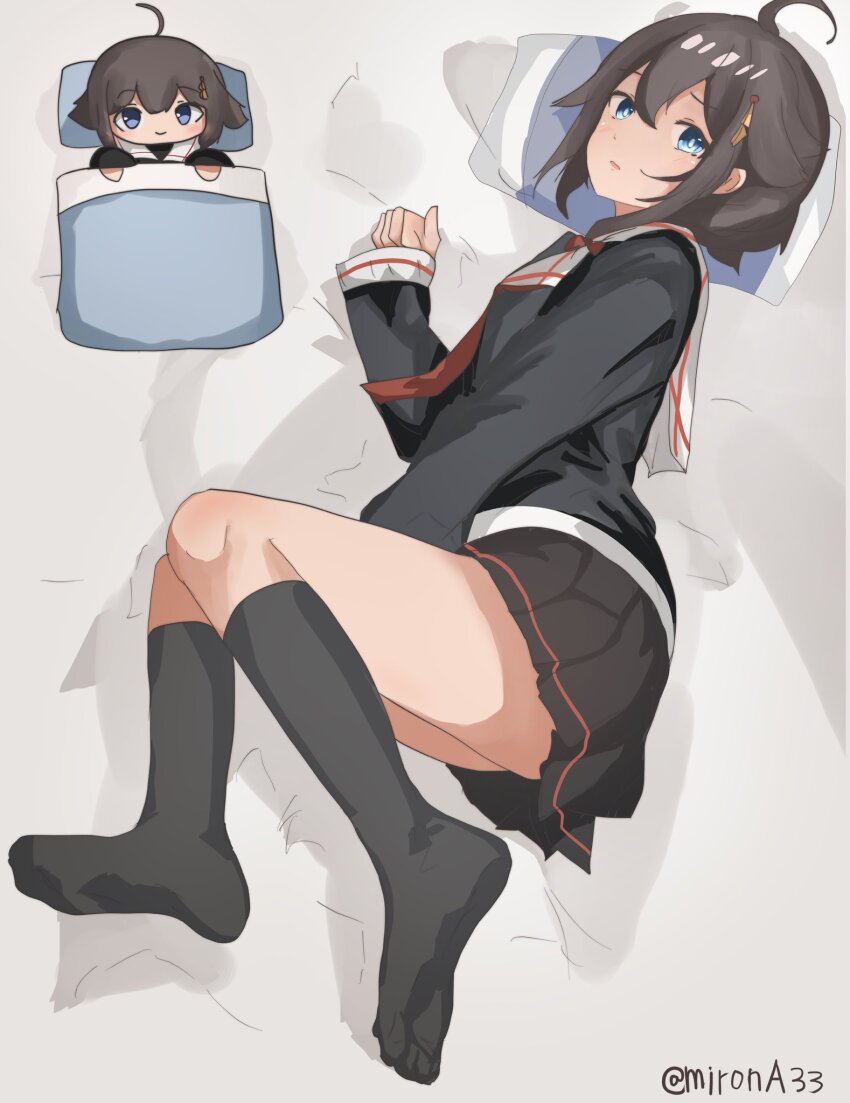 1girl ahoge artist_name between_legs black_hair black_shirt black_skirt black_socks blue_eyes chibi full_body hand_between_legs highres kantai_collection lying miron_(mirona33) no_shoes on_side pillow pleated_skirt school_uniform serafuku shigure_(kancolle) shirt short_hair skirt socks under_covers