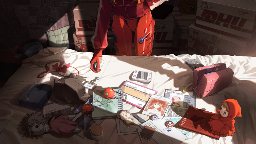 1girl blue_eyes bodysuit box bra cardboard_box commentary doll english_commentary envelope evangelion:_3.0+1.0_thrice_upon_a_time evangelion:_3.0_you_can_(not)_redo gluteal_fold grey_hat hand_in_pocket hat head_out_of_frame highres jacket lightofheaven mecha_pilot_suit neon_genesis_evangelion notebook orange_hair pen photo_(object) plugsuit rebuild_of_evangelion red_bodysuit red_jacket solo souryuu_asuka_langley stuffed_toy table underwear unworn_bra unworn_hat unworn_headwear white_bra