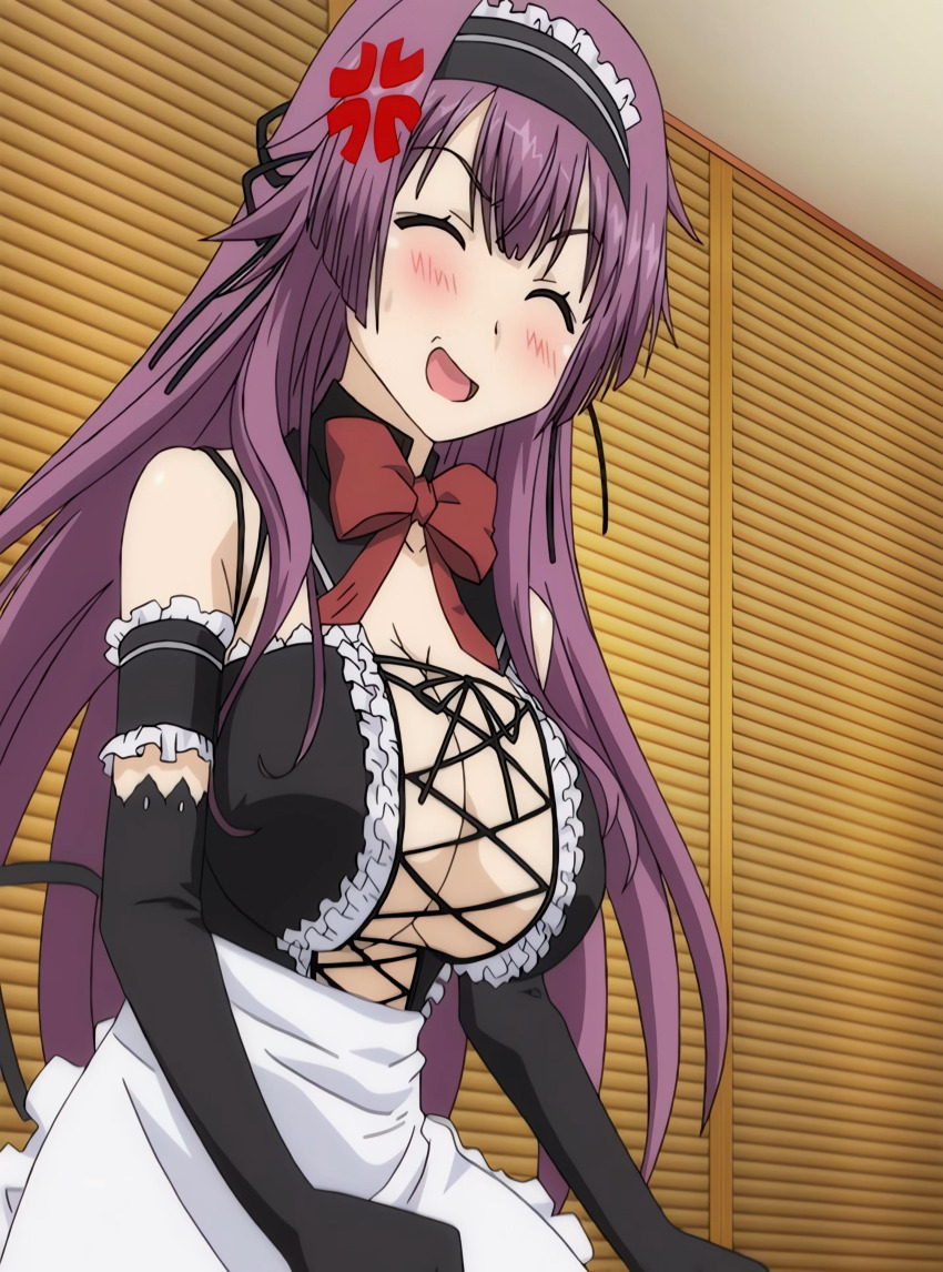 1girl angry anime_screenshot breasts closed_eyes gloves maid neckline open_mouth purple_hair stitched third-party_edit tsun_tsun_maid_wa_ero_ero_desu