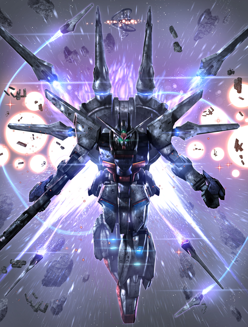 absurdres clenched_hand floating glowing glowing_eyes green_eyes gun gundam gundam_seed gundam_seed_destiny highres holding holding_gun holding_weapon legend_gundam looking_at_viewer looking_up mecha no_humans raruru robot solo space weapon