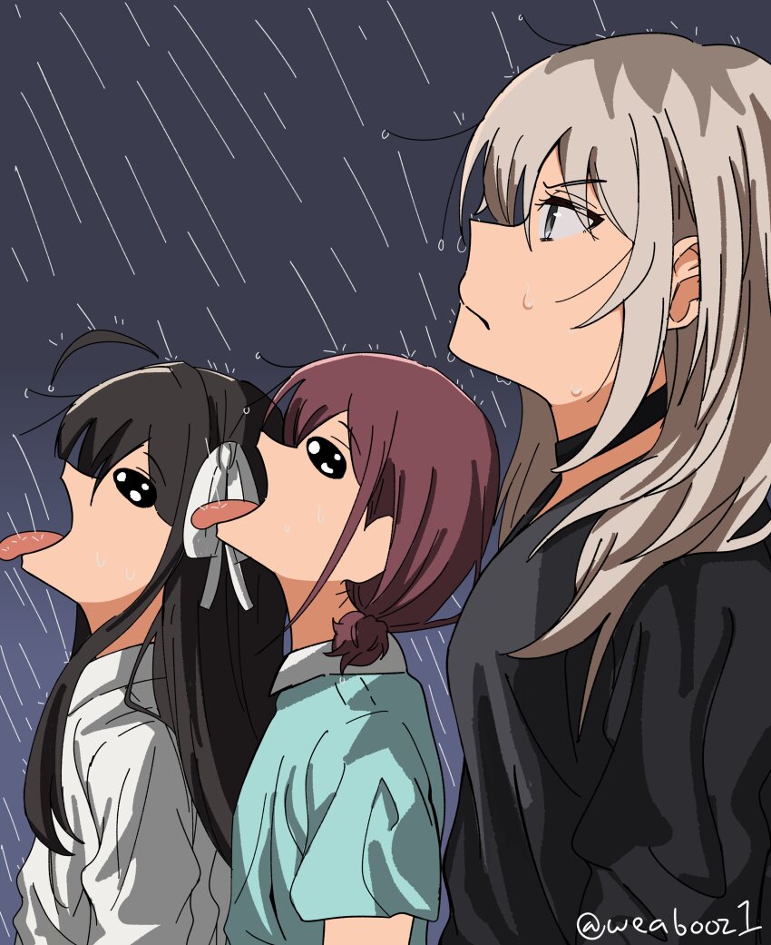 3girls absurdres ahoge aqua_shirt awa_subaru black_choker black_hair black_shirt bow choker closed_mouth from_side girls_band_cry goku_and_vegeta_in_the_rain_(meme) grey_eyes grey_hair hair_between_eyes hair_bow highres iseri_nina kawaragi_momoka long_hair looking_up meme multiple_girls open_mouth profile rain red_hair shirt short_sleeves short_twintails tongue tongue_out twintails twitter_username weabooz wet white_bow white_shirt