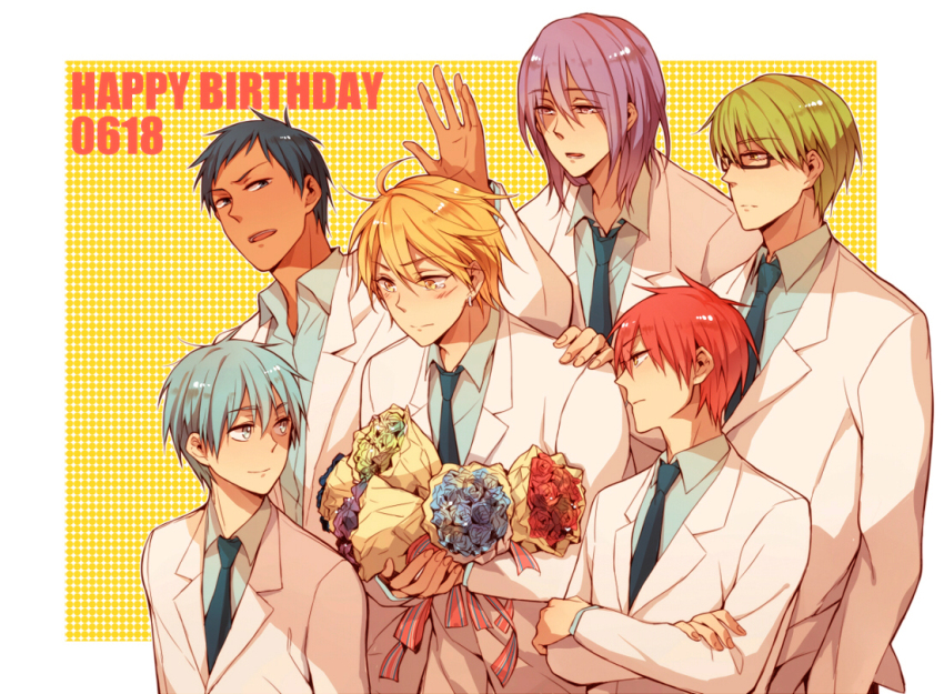 6+boys akashi_seijuurou aomine_daiki blonde_hair blue_flower blue_hair blue_necktie blue_rose blue_shirt border bouquet closed_mouth coat collared_shirt crossed_arms ear_piercing flower glasses green_flower green_hair green_rose happy_birthday holding holding_bouquet kise_ryouta kuroko_no_basuke kuroko_tetsuya light_blush long_sleeves male_focus midorima_shintarou multiple_boys murasakibara_atsushi necktie piercing purple_flower purple_hair purple_rose red_flower red_hair red_rose rose shirt sleepy69 tears white_border white_coat yellow_background