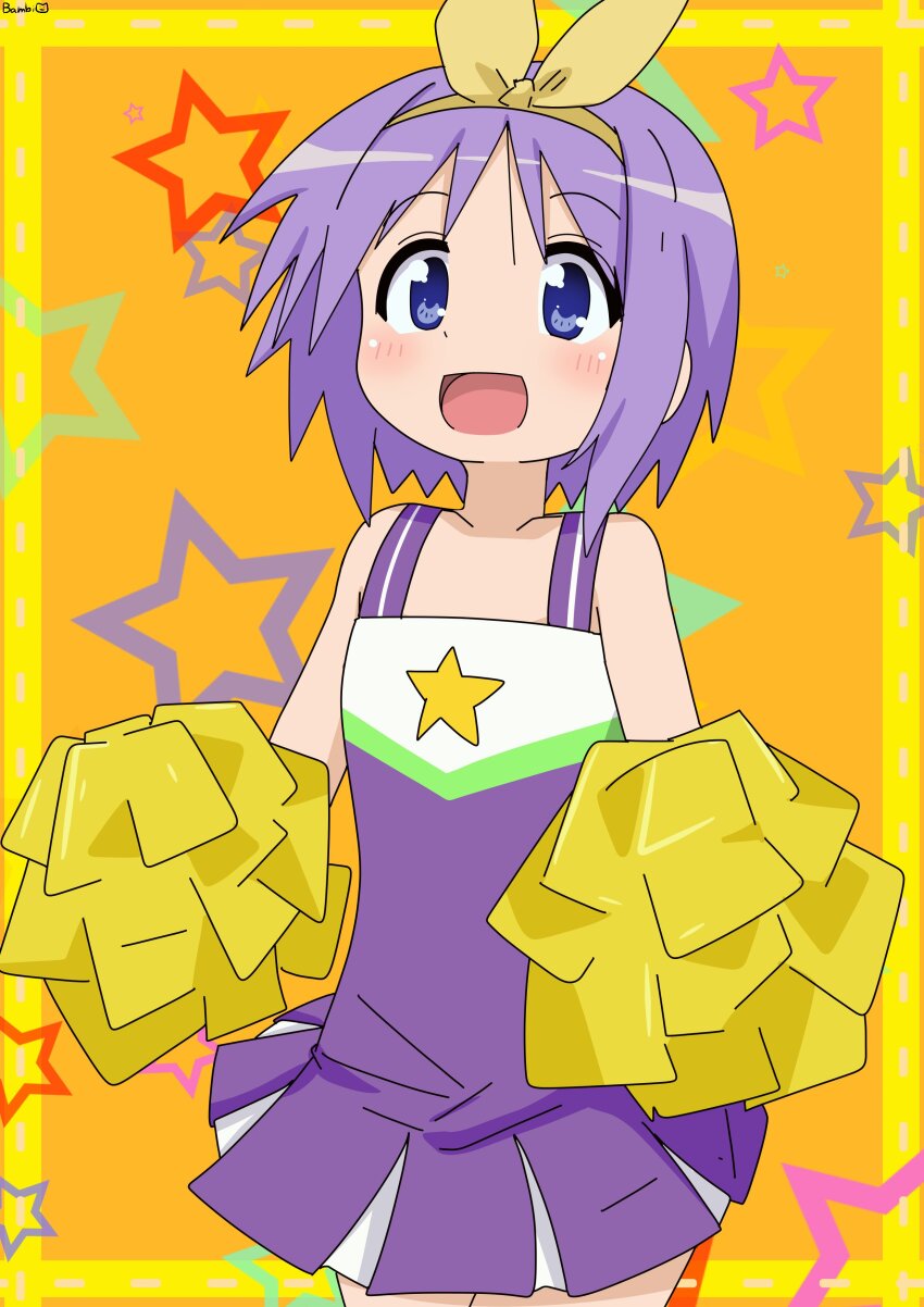 1girl absurdres bambi2000line blue_eyes cheerleader commentary_request cowboy_shot dress flat_chest hairband highres hiiragi_tsukasa lucky_star medium_hair open_mouth pleated_dress pom_pom_(cheerleading) purple_dress purple_hair short_dress smile solo star_(symbol) star_symbol_background yellow_hairband