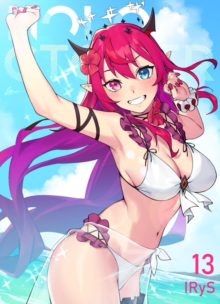 1girl absurdres beach bikini blue_eyes breasts dasdokter demon_horns double_halo flower hair_flower hair_ornament halo heterochromia hibiscus highres hololive hololive_english horns irys_(hololive) large_breasts long_hair looking_at_viewer multicolored_hair nail_polish navel pointy_ears purple_eyes purple_hair red_hair sarong smile solo star_halo swimsuit virtual_youtuber white_bikini