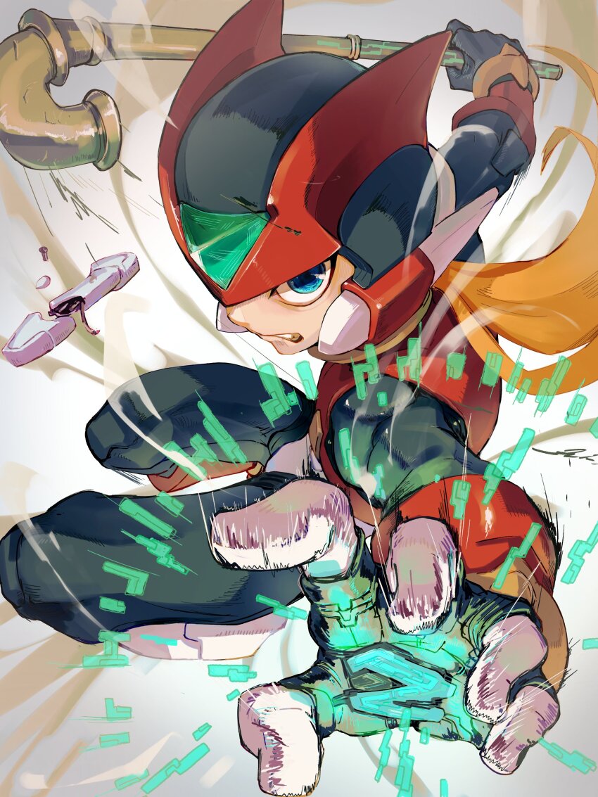 1boy absurdres armor blue_eyes broken broken_weapon clenched_teeth forehead_jewel helmet highres holding holding_lead_pipe lead_pipe male_focus mega_man_(series) mega_man_zero_(series) mega_man_zero_4 omochi_(mochi_skymega) red_armor red_helmet solo teeth weapon zero(z)_(mega_man) zero_(mega_man)