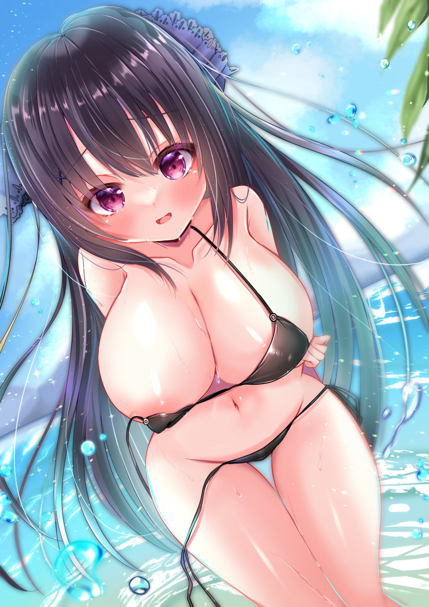 ao_no_kanata_no_four_rhythm areola_slip bikini black_bikini black_hair breast_slip breasts cleavage collarbone hair_ribbon highres large_breasts long_hair mountainous_horizon navel nekota_min ocean outdoors purple_eyes ribbon sidelocks standing swimsuit tobisawa_misaki untied_bikini untied_bikini_top very_long_hair water_drop wet