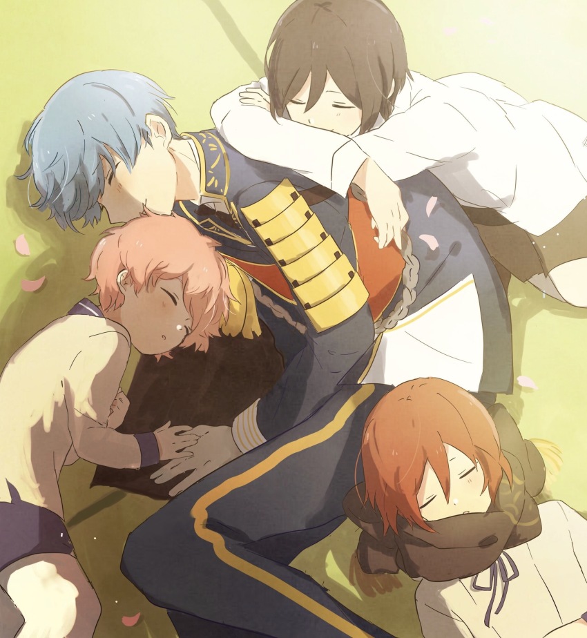 4boys akita_toushirou aqua_hair blue_hair blush capelet closed_eyes highres ichigo_hitofuri lab_coat leaning_on_person male_focus multiple_boys on_floor parted_lips petals scarf shinano_toushirou shiroameyori shorts sleeping smile tatami touken_ranbu uniform yagen_toushirou