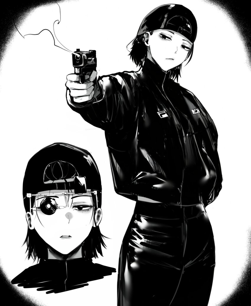 1girl 2024_summer_olympics absurdres aiming backwards_hat baseball_cap black_jacket gun handgun hat highres holding holding_gun holding_weapon jacket kim_yeji long_sleeves masoq monochrome multiple_views olympic_shooting_glasses olympics outstretched_arm real_life shirt short_hair smoke south_korea south_korean_flag weapon white_background