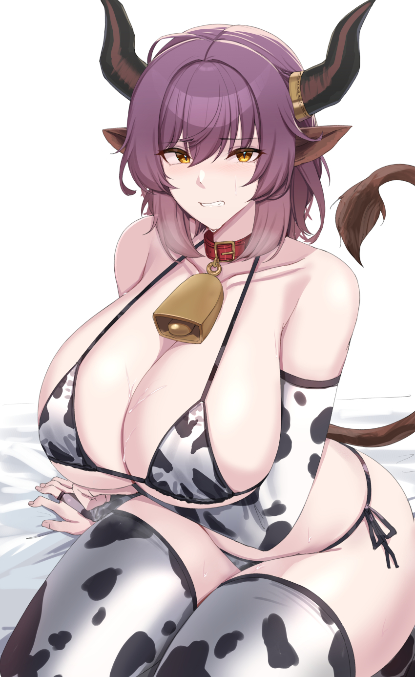 1girl absurdres animal_ears animal_print arknights bell bikini bobobo1345 breasts choker cleavage commentary cow_ears cow_horns cow_print cow_print_bikini cow_tail cowbell elbow_gloves english_commentary gloves highres horn_ornament horn_ring horns kneeling large_breasts medium_hair print_bikini purple_hair sideboob sideroca_(arknights) single_horn sitting solo swimsuit tail thighhighs yellow_eyes